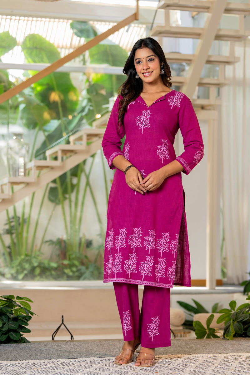 Women V-Neck Block Printing Cotton Cord-set