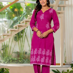 Women V-Neck Block Printing Cotton Cord-set