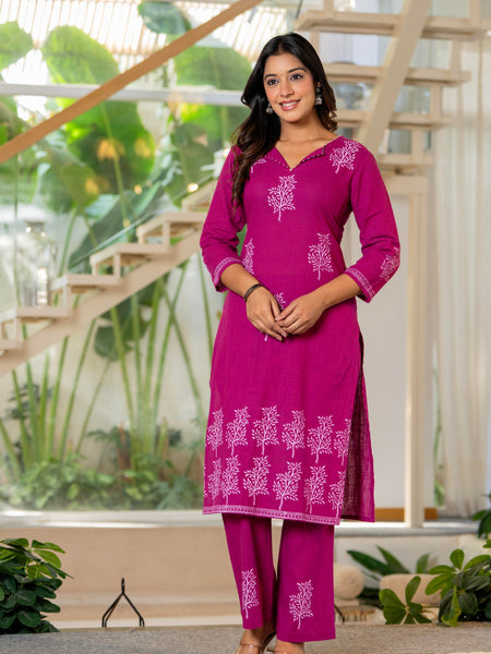 Women V-Neck Block Printing Cotton Cord-set