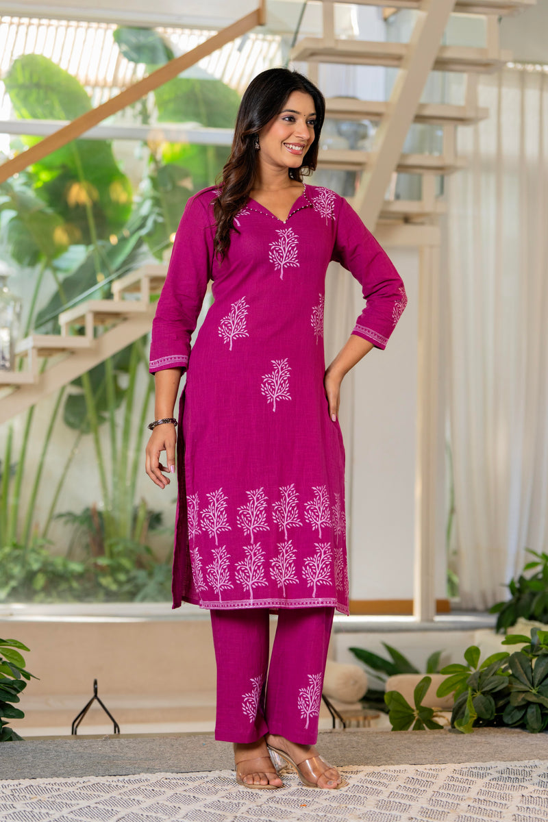 Women V-Neck Block Printing Cotton Cord-set