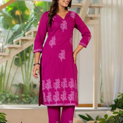 Women V-Neck Block Printing Cotton Cord-set