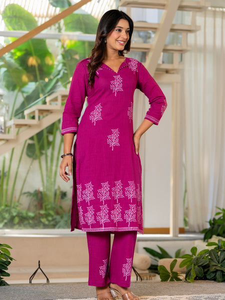 Women V-Neck Block Printing Cotton Cord-set