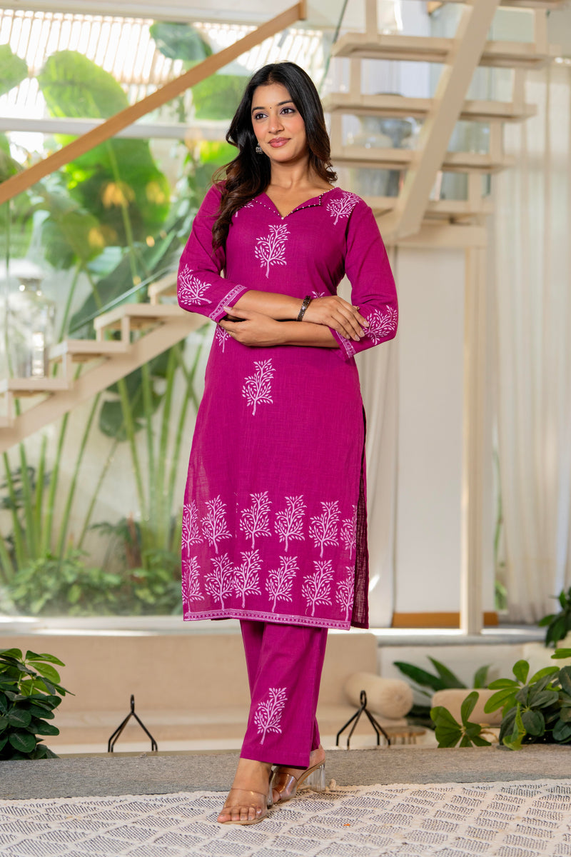 Women V-Neck Block Printing Cotton Cord-set