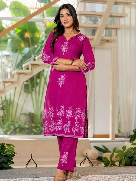 Women V-Neck Block Printing Cotton Cord-set