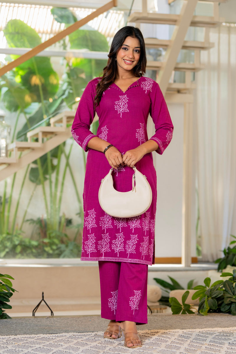 Women V-Neck Block Printing Cotton Cord-set