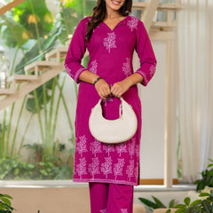 Women V-Neck Block Printing Cotton Cord-set