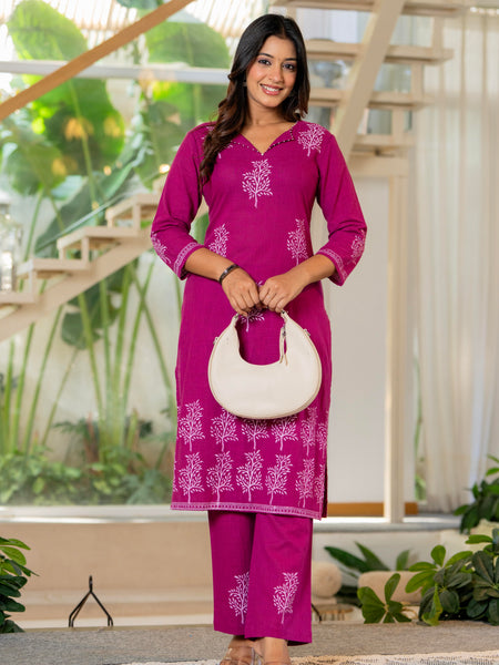 Women V-Neck Block Printing Cotton Cord-set