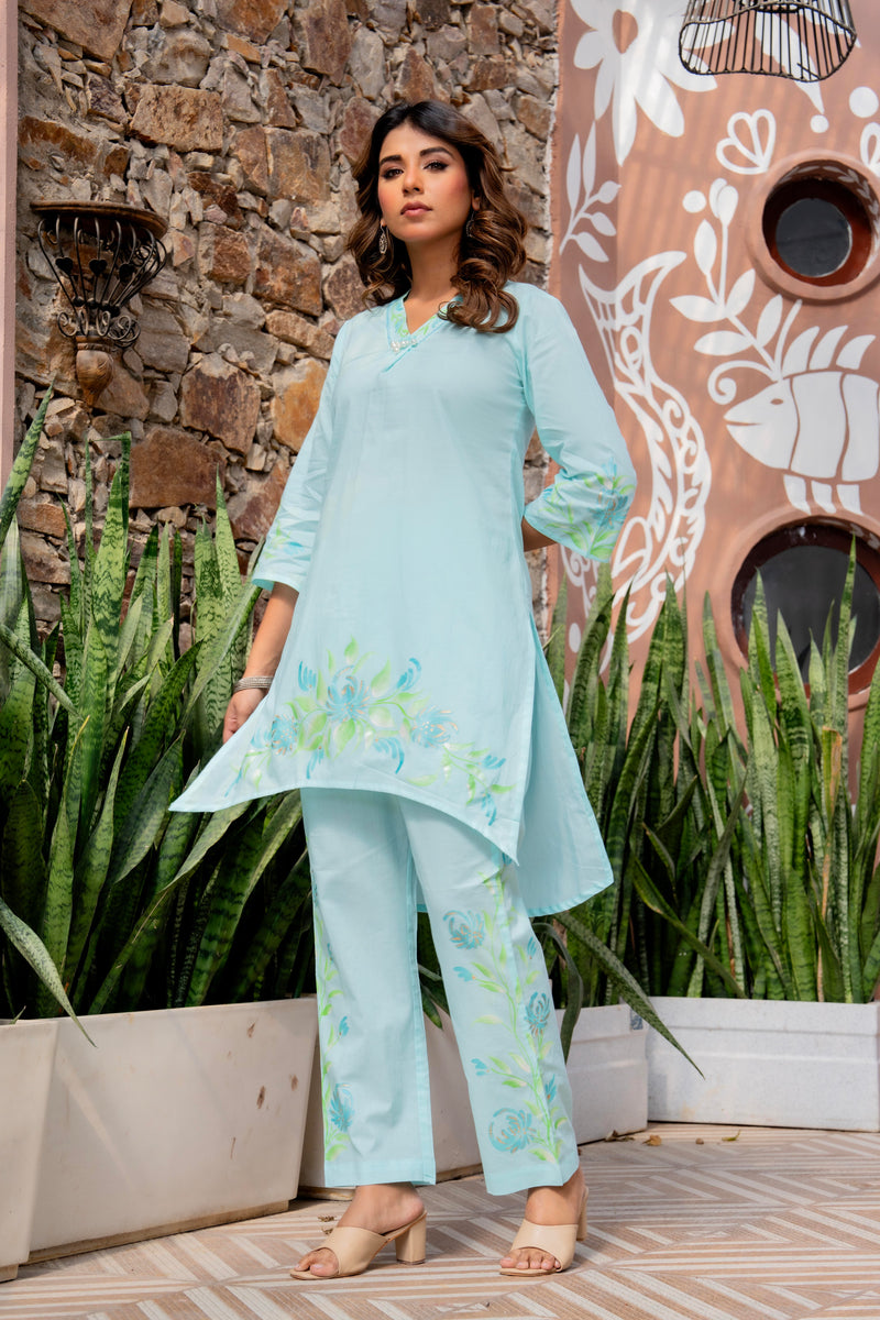 Women V-Neck Brush Paint Up and Down Cord-Set