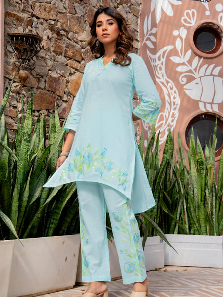 Women V-Neck Brush Paint Up and Down Cord-Set