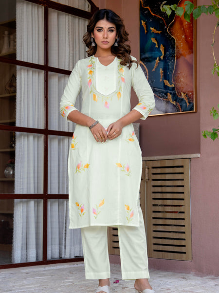 Women Pista Brush Paint Straight shape, kurta, pant & Duptta
