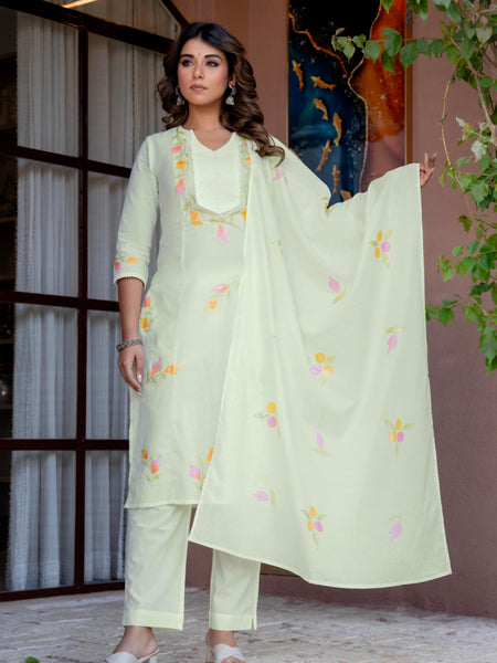 Women Pista Brush Paint Straight shape, kurta, pant & Duptta