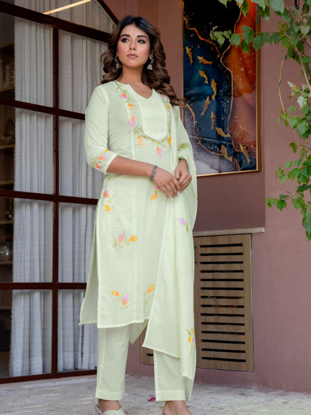Women Pista Brush Paint Straight shape, kurta, pant & Duptta