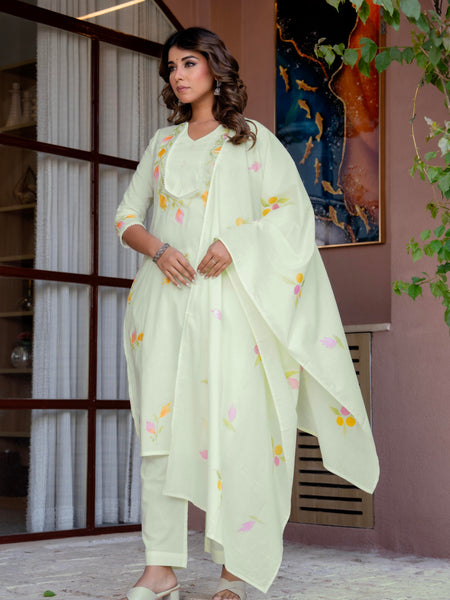 Women Pista Brush Paint Straight shape, kurta, pant & Duptta
