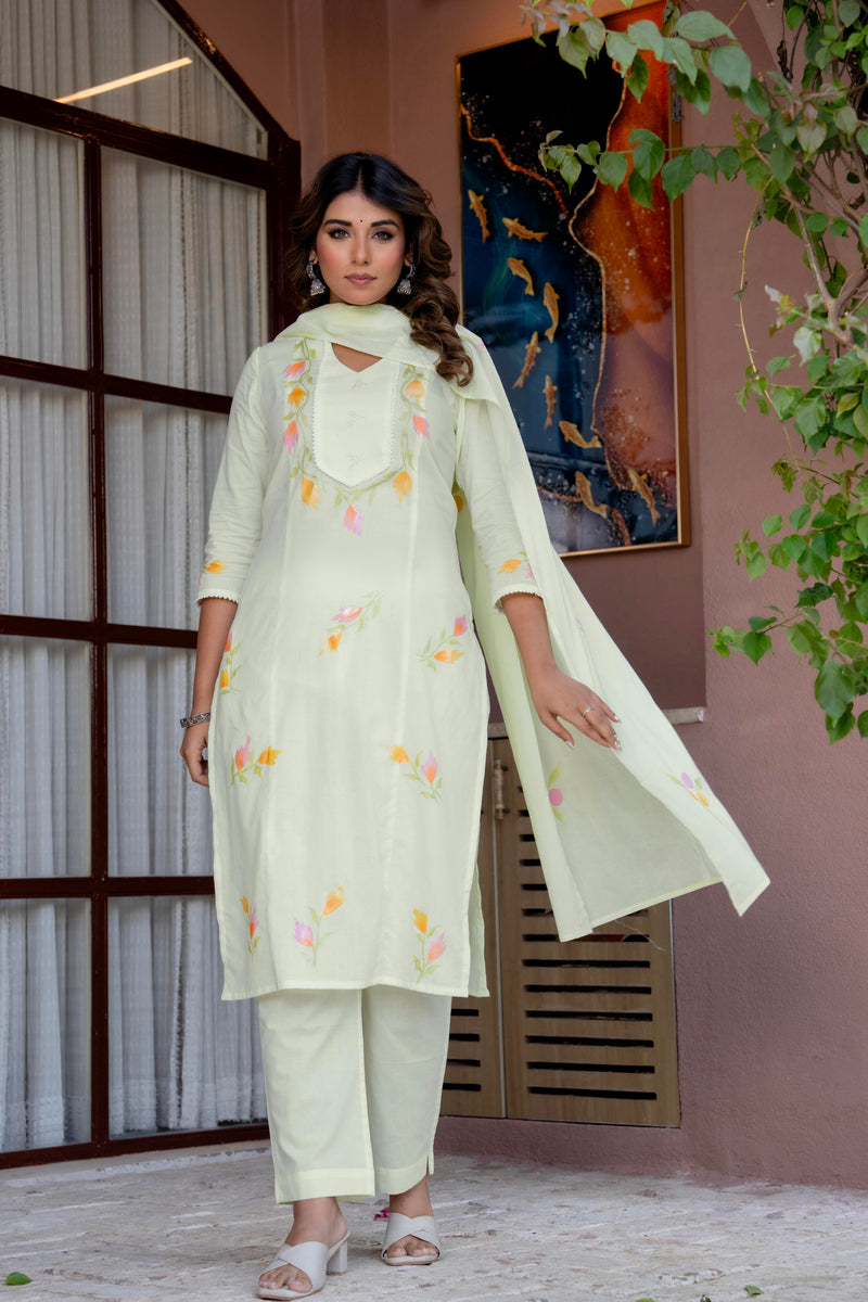 Cotton Schiffli Embroidered Anarkali Kurta Pant and Duptta