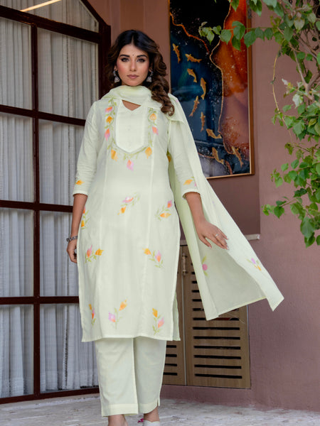 Women Pista Brush Paint Straight shape, kurta, pant & Duptta