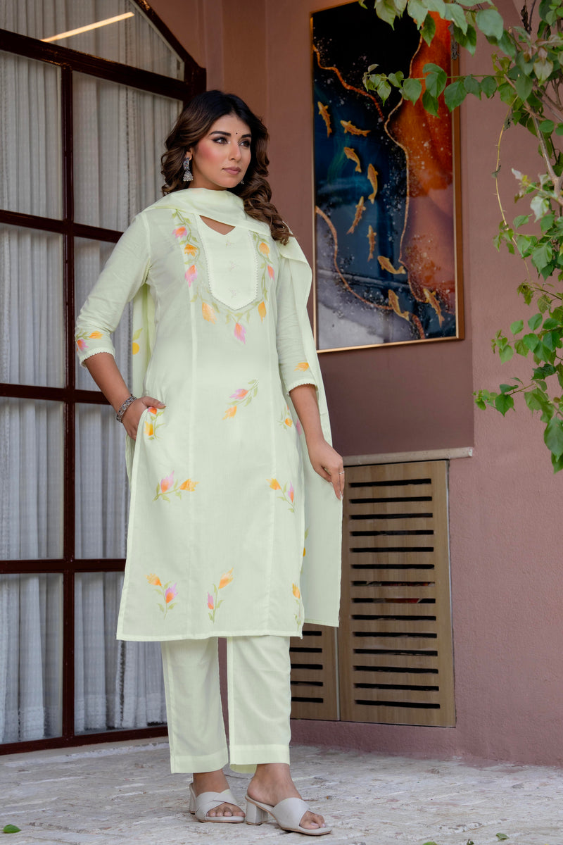 Cotton Schiffli Embroidered Anarkali Kurta Pant and Duptta