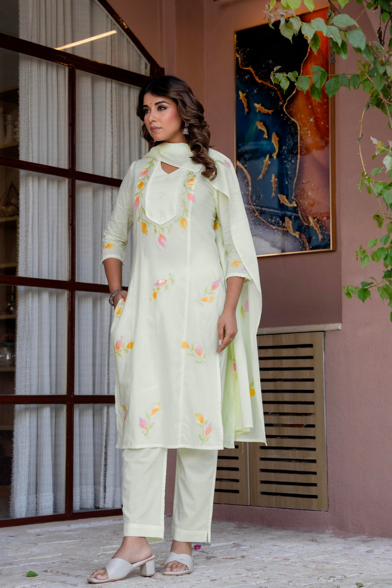 Cotton Schiffli Embroidered Anarkali Kurta Pant and Duptta
