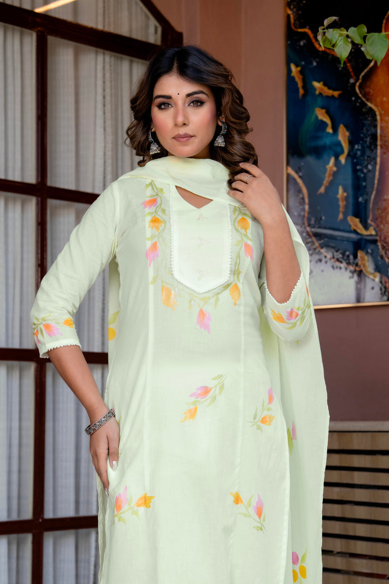 Cotton Schiffli Embroidered Anarkali Kurta Pant and Duptta