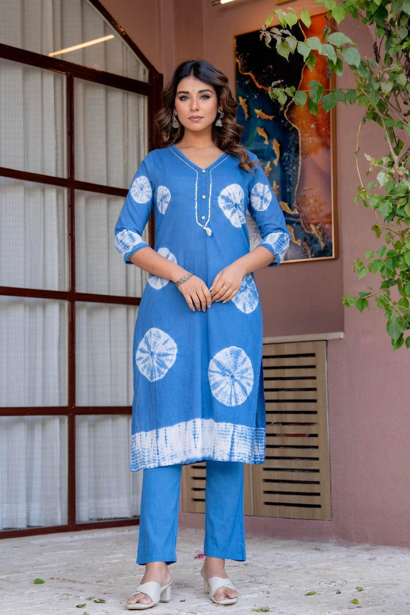Women Blue Tie&Dye Straight shape, kurta, pant & Duptta