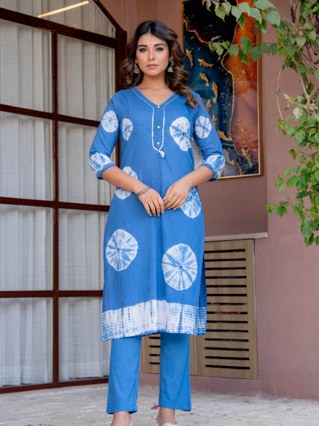Women Blue Tie&Dye Straight shape, kurta, pant & Duptta