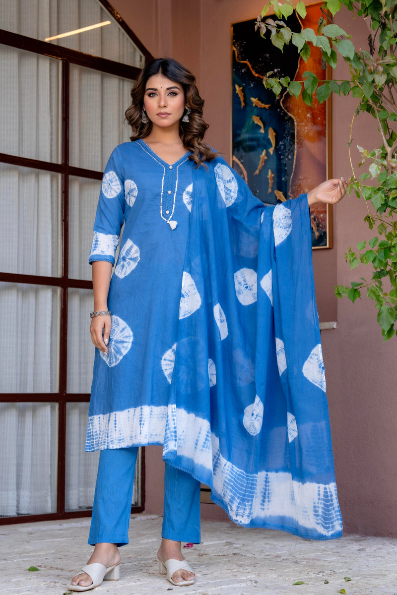 Women Blue Tie&Dye Straight shape, kurta, pant & Duptta