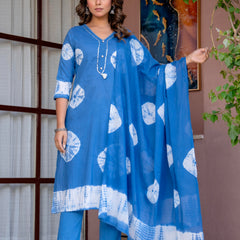 Women Blue Tie&Dye Straight shape, kurta, pant & Duptta