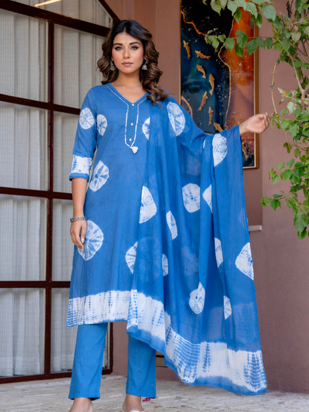 Women Blue Tie&Dye Straight shape, kurta, pant & Duptta