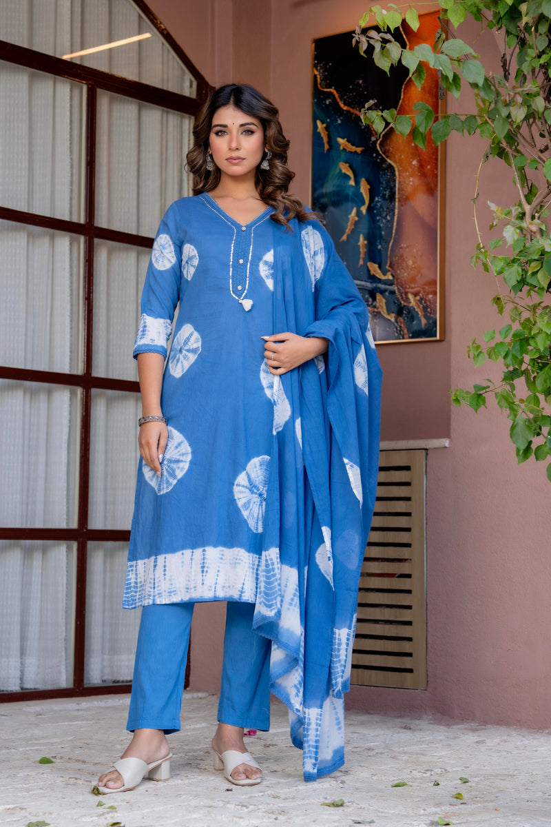 Women Blue Tie&Dye Straight shape, kurta, pant & Duptta