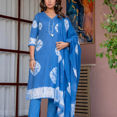 Women Blue Tie&Dye Straight shape, kurta, pant & Duptta