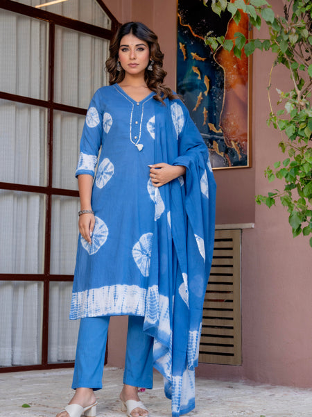 Women Blue Tie&Dye Straight shape, kurta, pant & Duptta