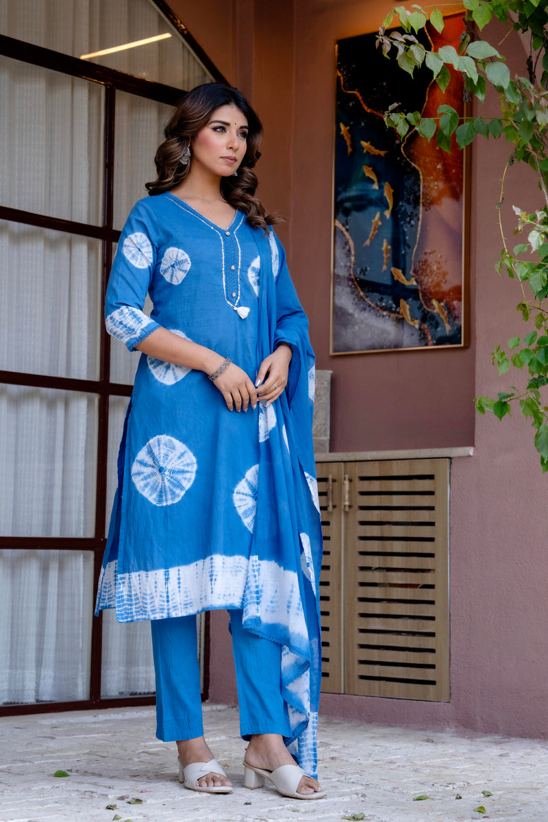 Women Blue Tie&Dye Straight shape, kurta, pant & Duptta