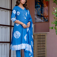 Women Blue Tie&Dye Straight shape, kurta, pant & Duptta