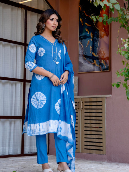 Women Blue Tie&Dye Straight shape, kurta, pant & Duptta