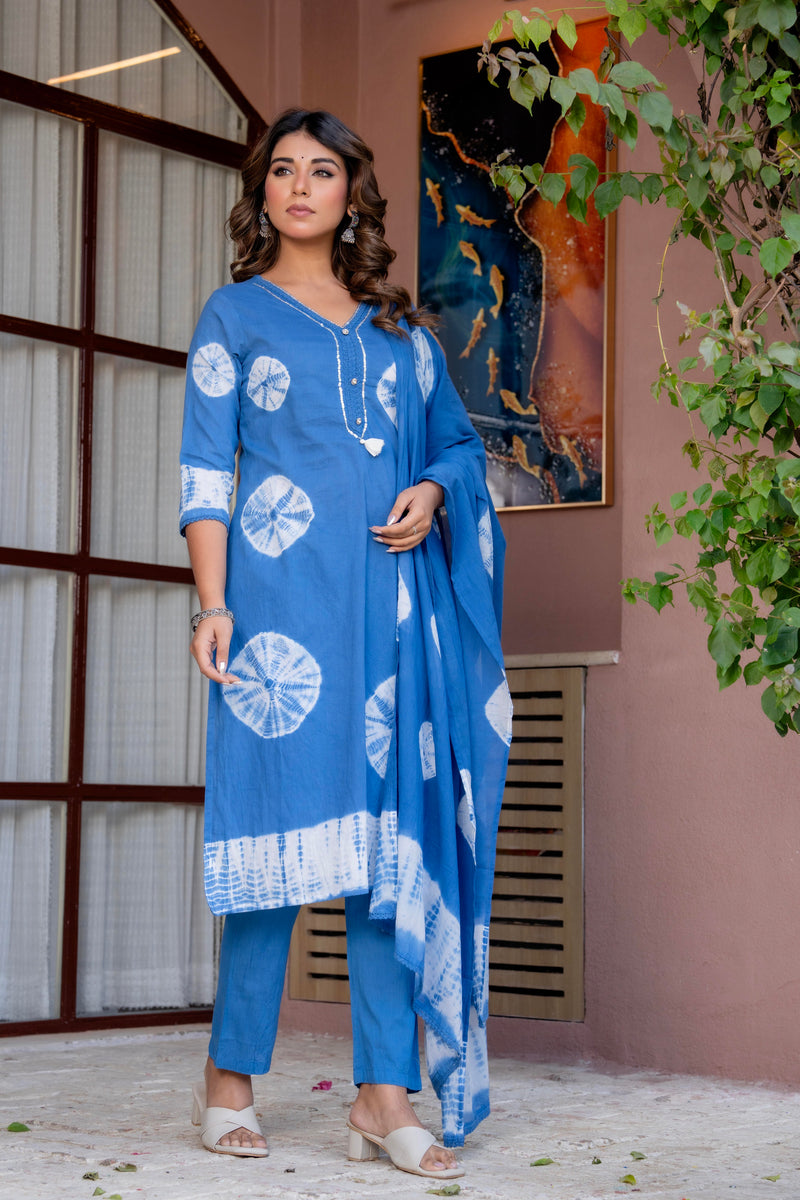 Women Blue Tie&Dye Straight shape, kurta, pant & Duptta
