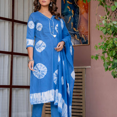 Women Blue Tie&Dye Straight shape, kurta, pant & Duptta