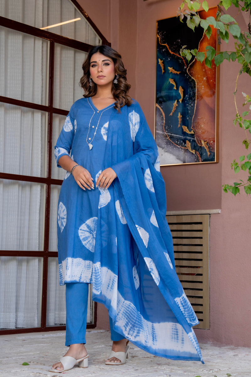 Women Blue Tie&Dye Straight shape, kurta, pant & Duptta