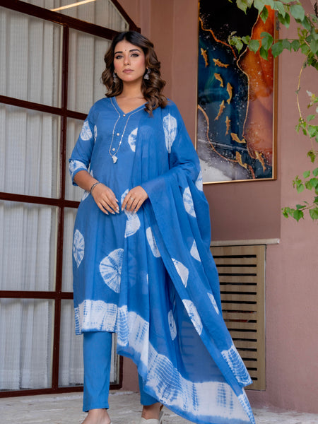 Women Blue Tie&Dye Straight shape, kurta, pant & Duptta