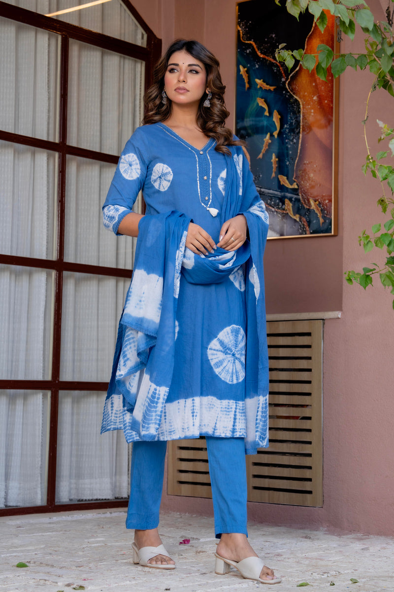 Women Blue Tie&Dye Straight shape, kurta, pant & Duptta