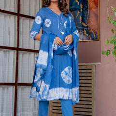 Women Blue Tie&Dye Straight shape, kurta, pant & Duptta