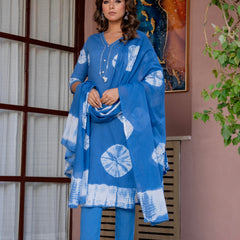 Women Blue Tie&Dye Straight shape, kurta, pant & Duptta
