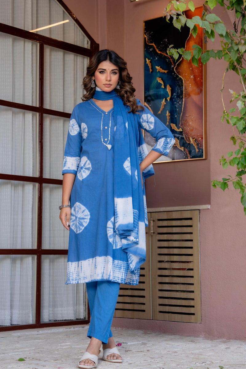 Women Blue Tie&Dye Straight shape, kurta, pant & Duptta