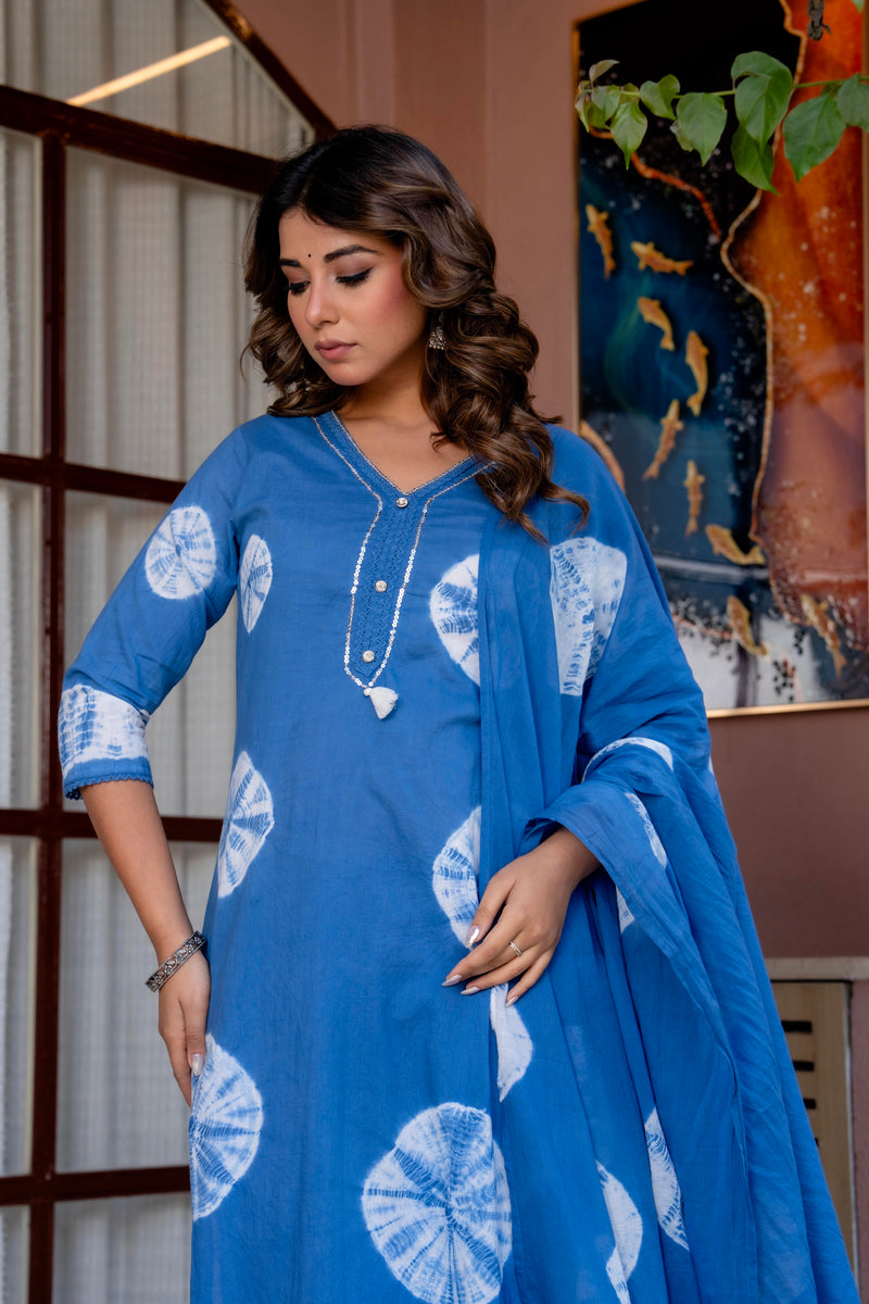 Women Blue Tie&Dye Straight shape, kurta, pant & Duptta