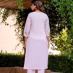 Women BabyPink Brush Paint Straight shape, kurta, pant & Duptta