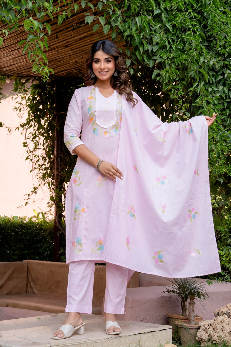 Women BabyPink Brush Paint Straight shape, kurta, pant & Duptta