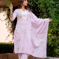Women BabyPink Brush Paint Straight shape, kurta, pant & Duptta