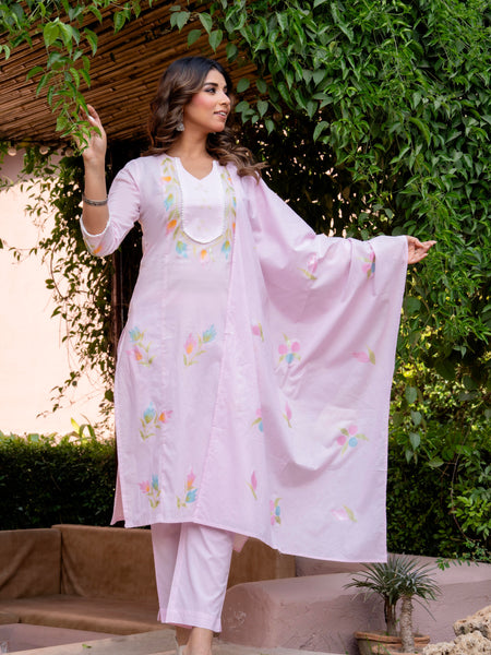 Women BabyPink Brush Paint Straight shape, kurta, pant & Duptta