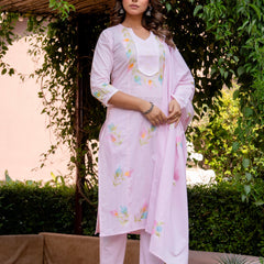 Women BabyPink Brush Paint Straight shape, kurta, pant & Duptta