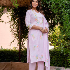 Women BabyPink Brush Paint Straight shape, kurta, pant & Duptta