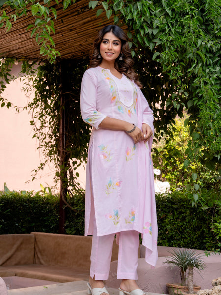Women BabyPink Brush Paint Straight shape, kurta, pant & Duptta