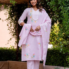 Women BabyPink Brush Paint Straight shape, kurta, pant & Duptta